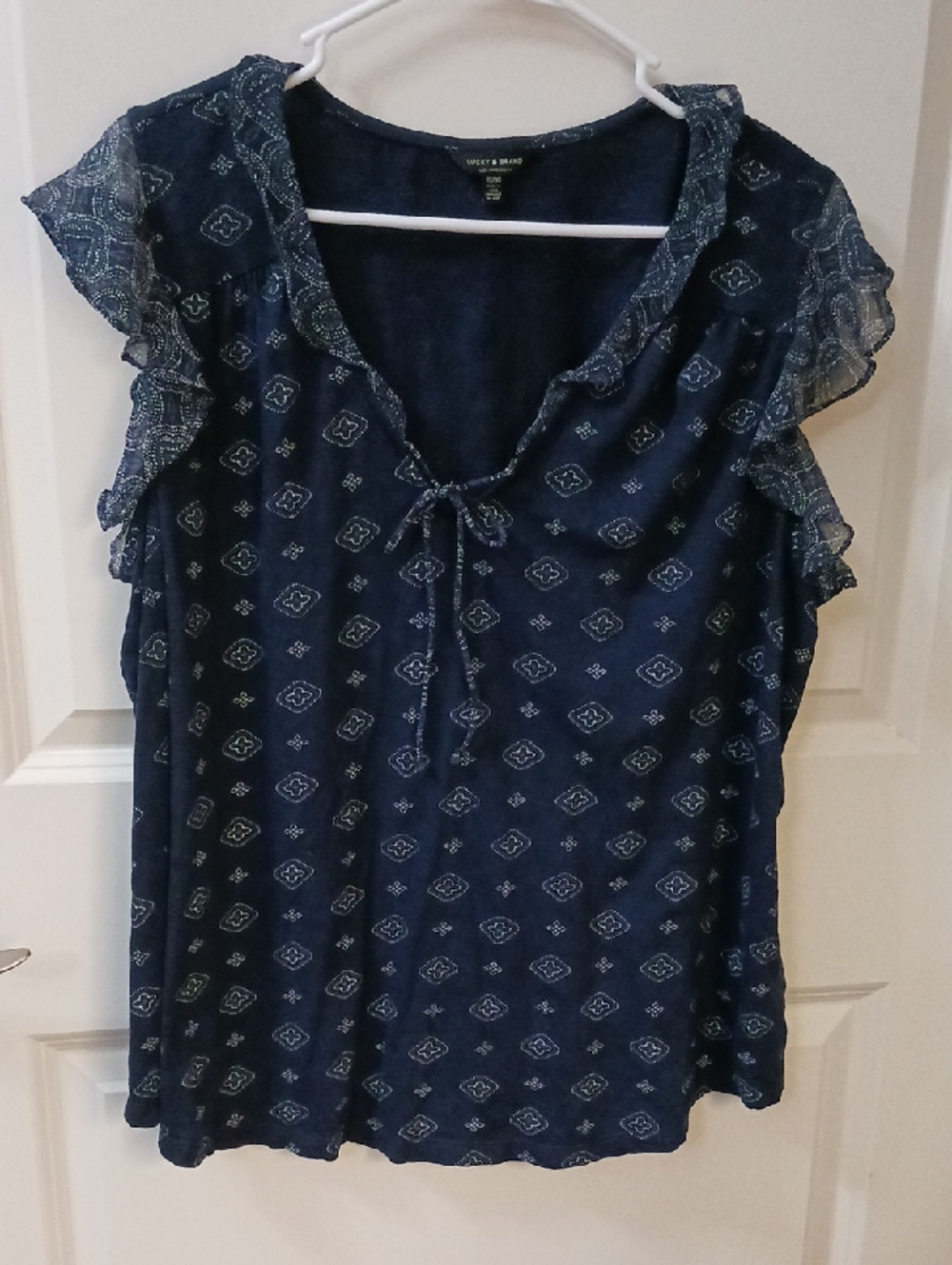 Lucky Brand Navy Blue Printed Ruffle Sleeve Tie-Front Top